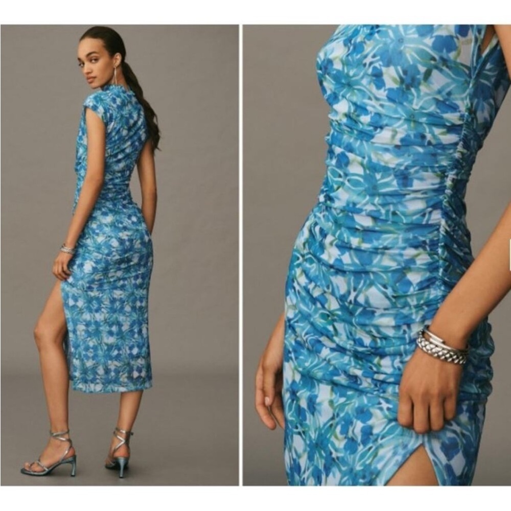 NWT Anthropologie Maya Blue Floral Ruched Cowl Neck Midi Dress Medium